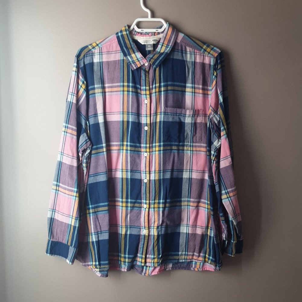 🌞 Old Navy Women's Classic Shirt Button Up, Blue Pink Plaid Size XXL